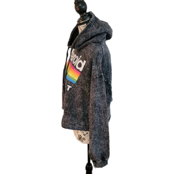 Womens Polaroid Acid Wash Retro Cropped Hoodie Long Sleeve Size M - Picture 5 of 8